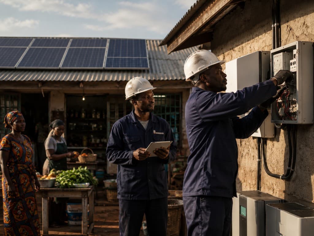 Technicians installing solar-powered electrical systems at a community marketplace