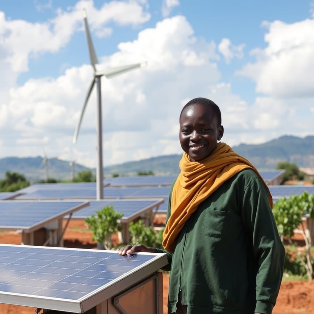 Woman beside solar panels with a wind turbine in the landscape