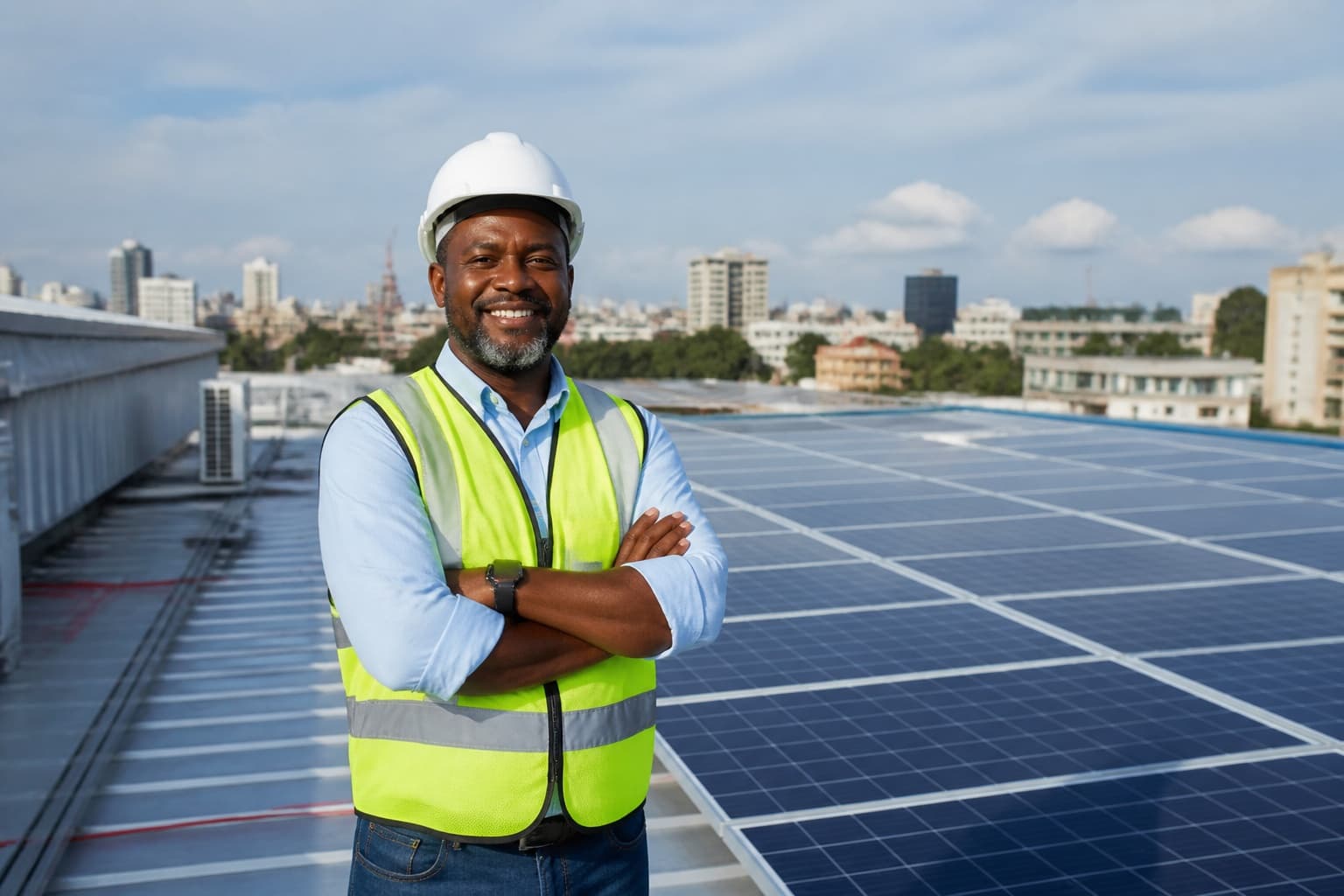 Business owner beside newly installed rooftop solar panels